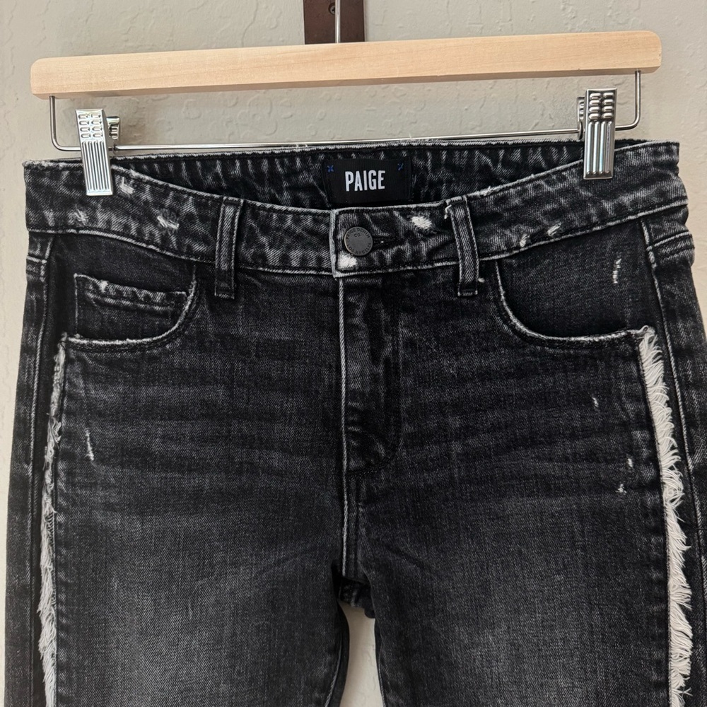 PAIGE Brigitte Fringe Trimmed Mid-Rise Slim Jeans Black Size 27 - Picture 4 of 16